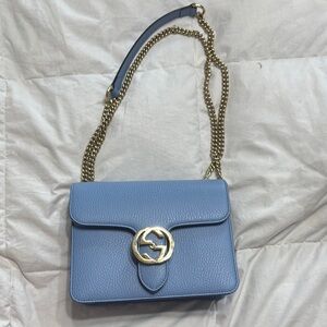 Gucci Blue Leather Shoulder Bag with Gold Chain